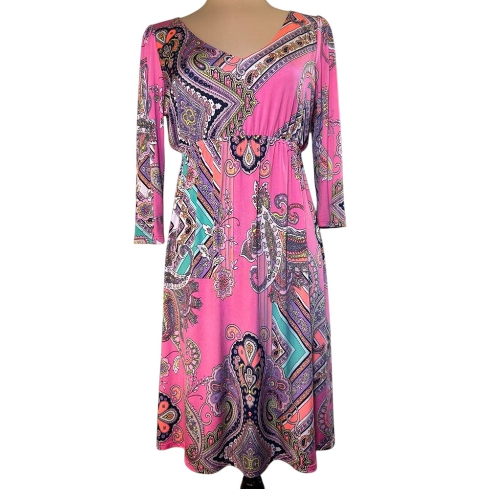 Christian Caliendo Pink Multi Colored Babydoll Dress Vintage Small‎